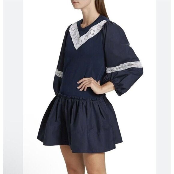 Tanya Taylor Sz M Dress Kirstie Navy Mini Lace Trim Poplin Puff Sleeve NWT $445 - Picture 8 of 9